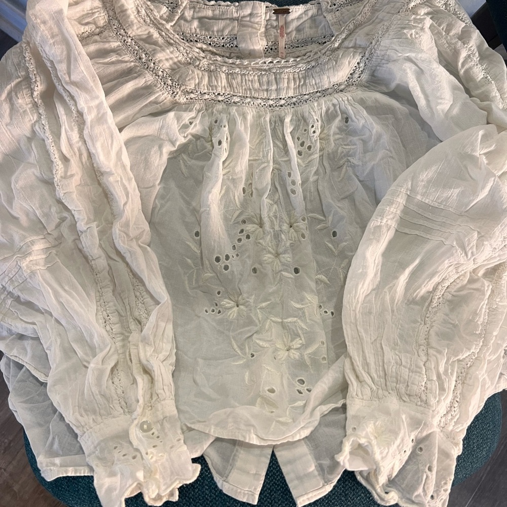 Free People Cream Blouse with Embroidered Details